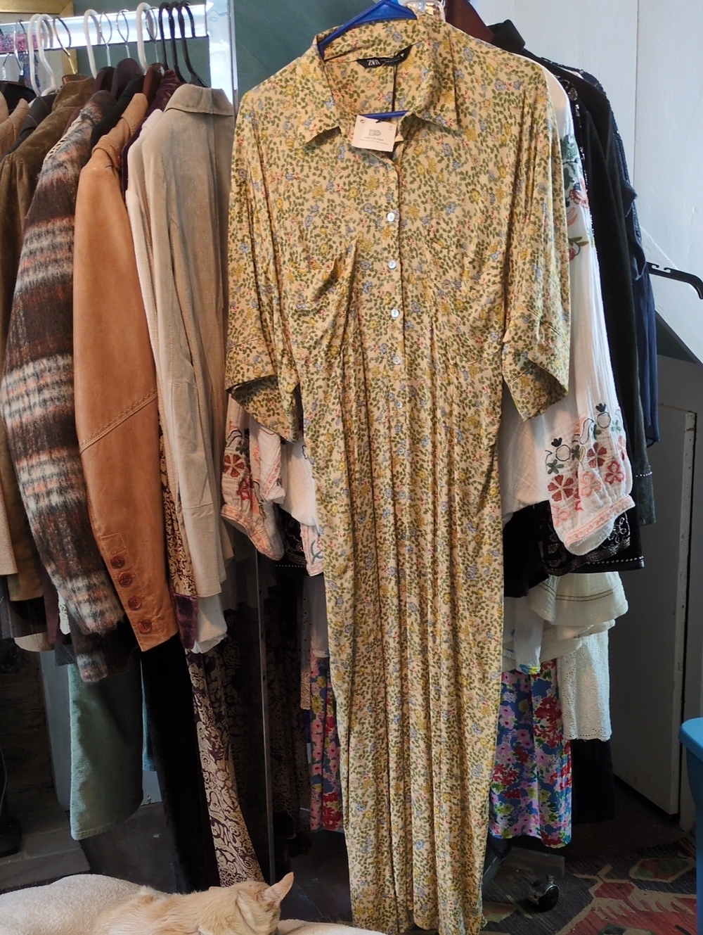 Zara Yellow Ditsy Floral Button-Front Maxi Dress XL Small